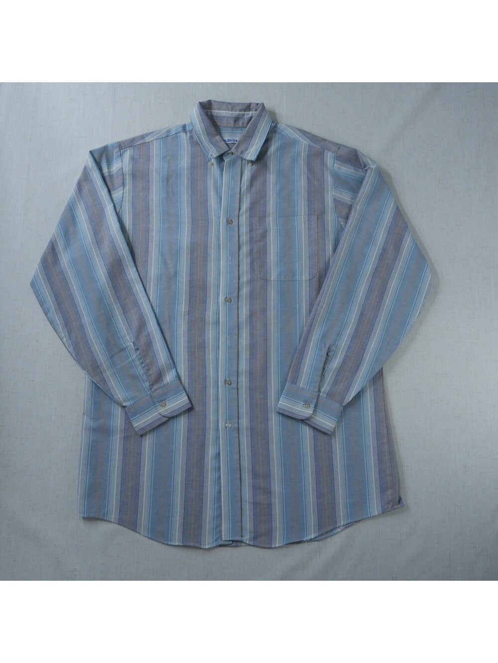 Vintage Puritan Mens 2XLT Striped Button Down Shirt Blue Olive Gold Long Sleeve